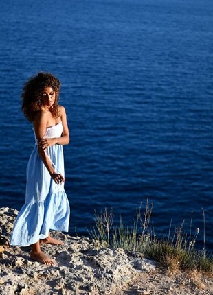 White-Blue Linen Spaghetti Strap Midi Sundress5 photo