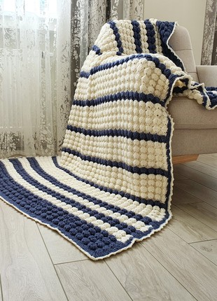 Crochet wool blanket white and blue striped wool knit throw1 photo