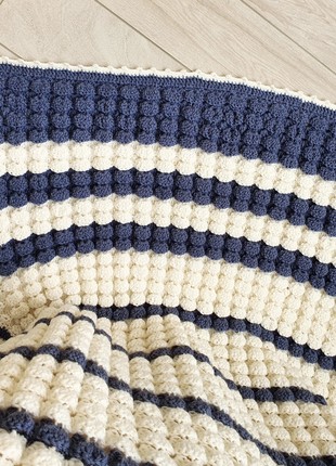 Crochet wool blanket white and blue striped wool knit throw2 photo