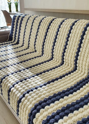 Crochet wool blanket white and blue striped wool knit throw4 photo