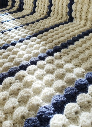 Crochet wool blanket white and blue striped wool knit throw5 photo