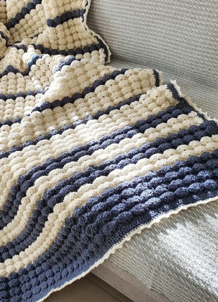 Crochet wool blanket white and blue striped wool knit throw7 photo