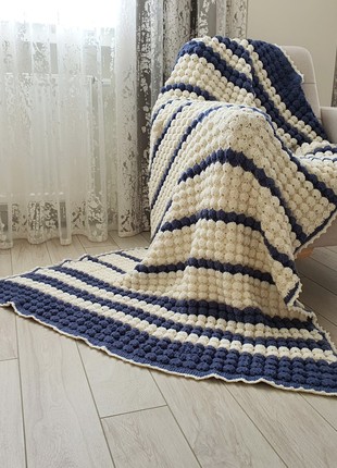 Crochet wool blanket white and blue striped wool knit throw9 photo