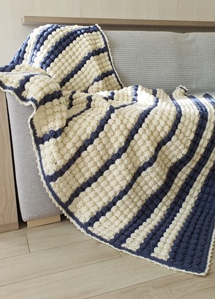 Crochet wool blanket white and blue striped wool knit throw10 photo