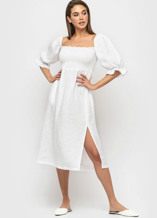 White Linen Smocked off Shoulder Dress for Women5 photo