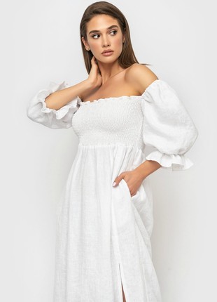 White Linen Smocked off Shoulder Dress for Women7 photo