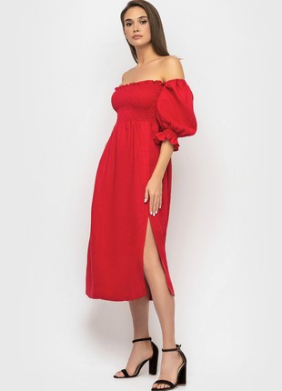 Red Linen Smocked off Shoulder Dress for Women5 photo