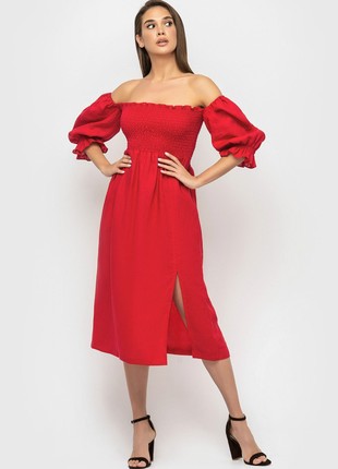 Red Linen Smocked off Shoulder Dress for Women7 photo
