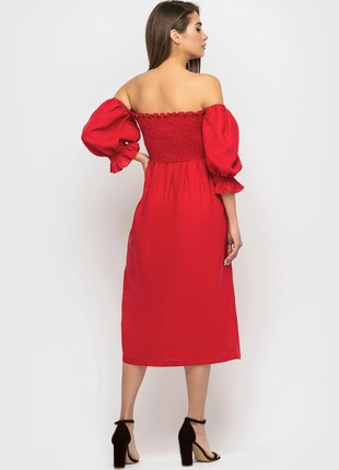 Red Linen Smocked off Shoulder Dress for Women6 photo
