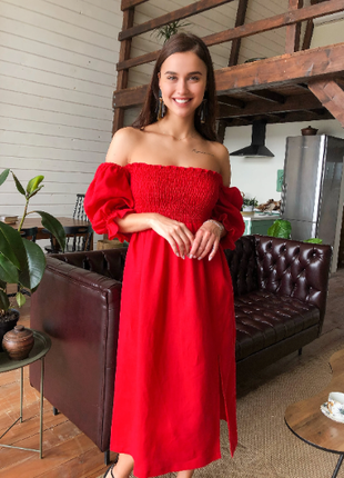 Red Linen Smocked off Shoulder Dress for Women1 photo