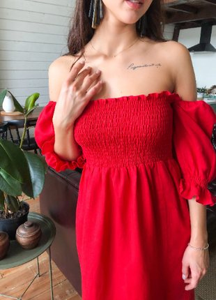 Red Linen Smocked off Shoulder Dress for Women4 photo