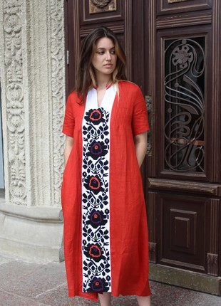 Red lilen dress with flowers (hand embroidery)1 photo