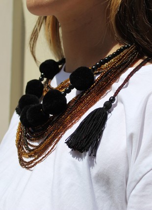 Golden brown beaded necklace with tassels