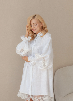 White Linen Dress with Lace and Puff Sleeves