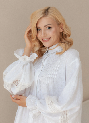 White Linen Dress with Lace and Puff Sleeves2 photo