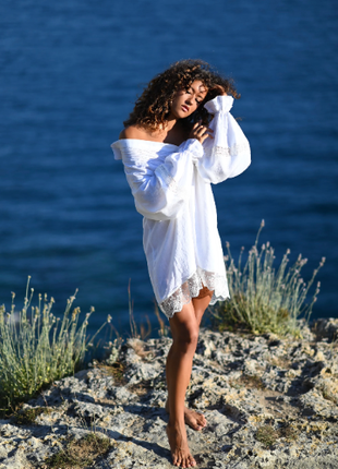 White Linen Dress with Lace and Puff Sleeves4 photo