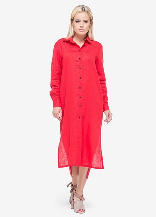 Red Linen Shirt Dress with a Slit2 photo
