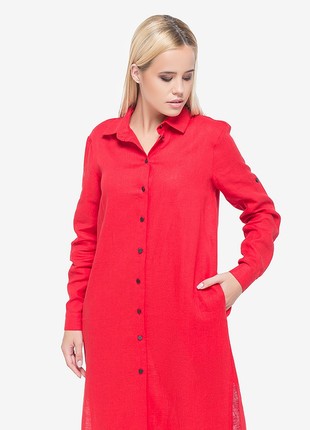 Red Linen Shirt Dress with a Slit1 photo