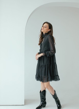 Short dress in chiffon with white pea print with ruffles2 photo