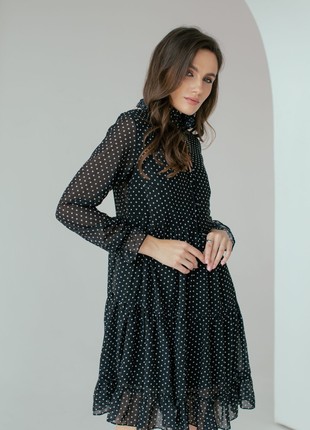 Short dress in chiffon with white pea print with ruffles5 photo