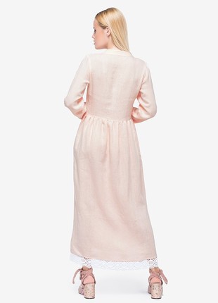 Long Pink Linen Dress With Lace and Buttons2 photo