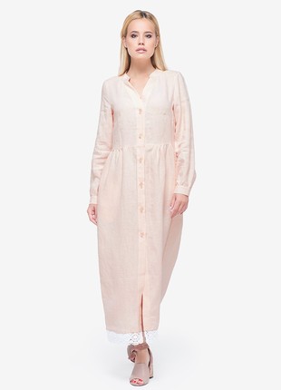 Long Pink Linen Dress With Lace and Buttons1 photo
