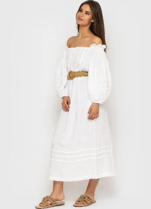 White Linen Dress with Lace and Puffy Sleeves