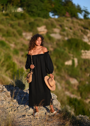 Black Linen Dress with Lace and Puffy Sleeves