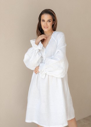 White Linen Dress with Puffy Sleeves4 photo