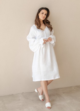 White Linen Dress with Puffy Sleeves5 photo