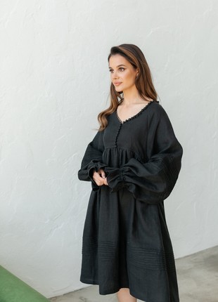 Black Linen Dress with Puffy Sleeves1 photo