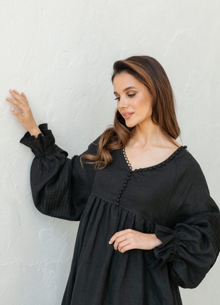 Black Linen Dress with Puffy Sleeves2 photo
