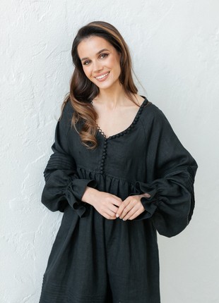 Black Linen Dress with Puffy Sleeves4 photo