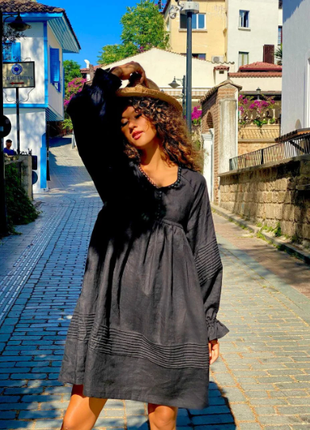 Black Linen Dress with Puffy Sleeves9 photo