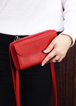 Leather iPhone 14 Pro Max crossbody wallet for women/ Small zip around bag for credit cards, money, coins, with shoulder strap/ Red - 10011 photo