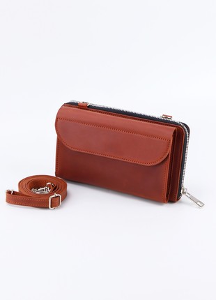Leather crossbody bag for smartphone/ Womens minimalist crossbody wallet/ Brown leather & Black zipper - 10019 photo