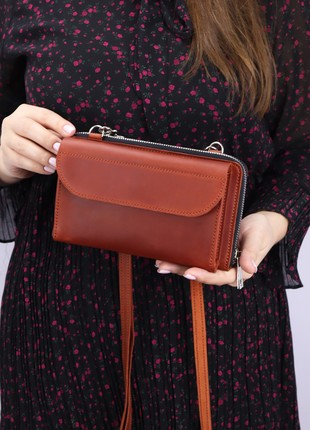 Leather crossbody bag for smartphone/ Womens minimalist crossbody wallet/ Brown leather & Black zipper - 10015 photo