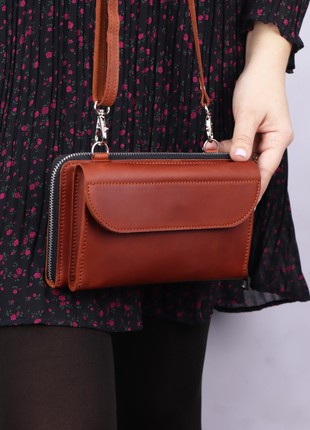 Leather crossbody bag for smartphone/ Womens minimalist crossbody wallet/ Brown leather & Black zipper - 10011 photo