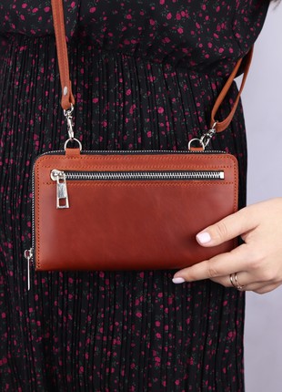Leather crossbody bag for smartphone/ Womens minimalist crossbody wallet/ Brown leather & Black zipper - 10014 photo