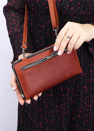 Leather crossbody bag for smartphone/ Womens minimalist crossbody wallet/ Brown leather & Black zipper - 10018 photo