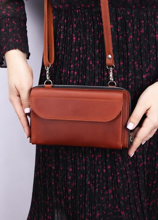 Leather crossbody bag for smartphone/ Womens minimalist crossbody wallet/ Brown leather & Black zipper - 10017 photo