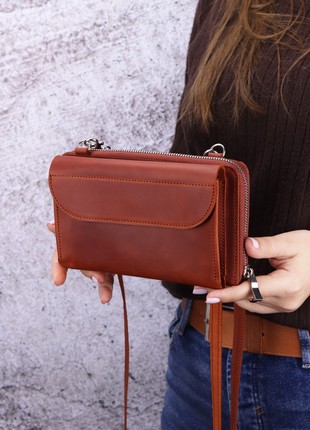 Leather bag with card slot and pocket for phone/ Crossbody wallet for women/ Clutch with around zipper/ Brown - 1001