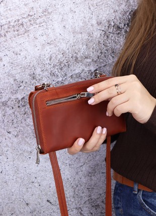 Leather bag with card slot and pocket for phone/ Crossbody wallet for women/ Clutch with around zipper/ Brown - 10015 photo