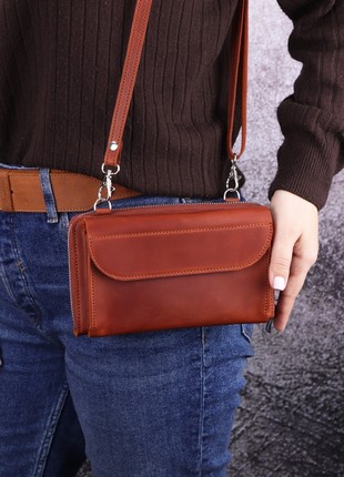 Leather bag with card slot and pocket for phone/ Crossbody wallet for women/ Clutch with around zipper/ Brown - 10018 photo