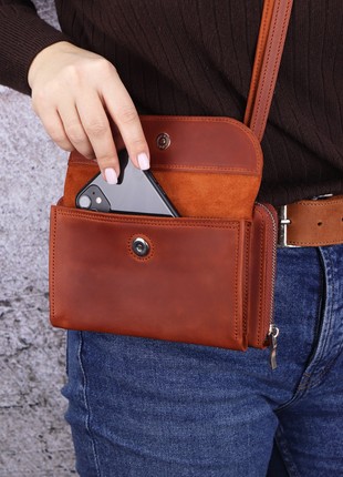 Leather bag with card slot and pocket for phone/ Crossbody wallet for women/ Clutch with around zipper/ Brown - 10012 photo