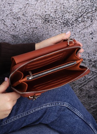 Leather bag with card slot and pocket for phone/ Crossbody wallet for women/ Clutch with around zipper/ Brown - 10019 photo