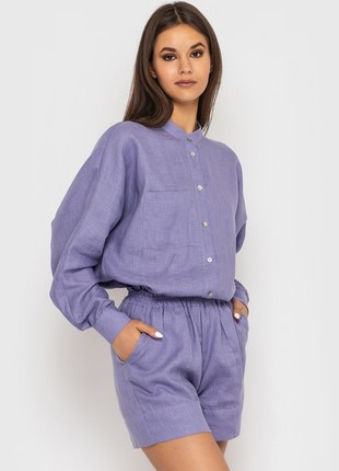 Linen set of oversized shirt and shorts Lavender3 photo