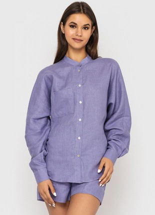 Linen set of oversized shirt and shorts Lavender4 photo