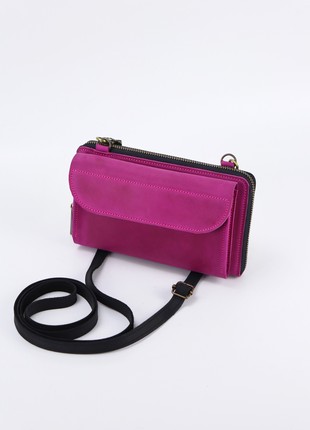 Women's leather shoulder clutch with phone pocket/ crossbody bag for women/ leather long wallet/ Pink & Black - 10019 photo