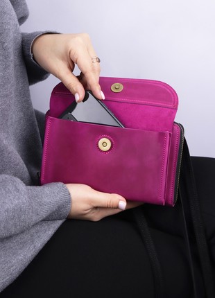Women's leather shoulder clutch with phone pocket/ crossbody bag for women/ leather long wallet/ Pink & Black - 10013 photo